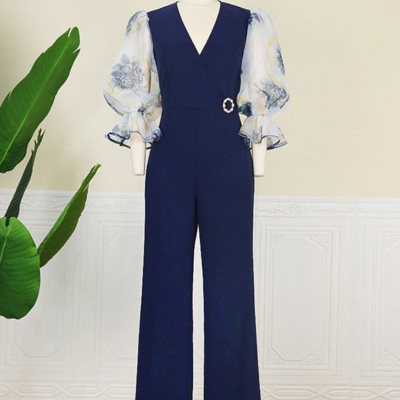 Printed Mesh Elegant Navy Women Fashion Jumpsuit - Picture 2 of 6